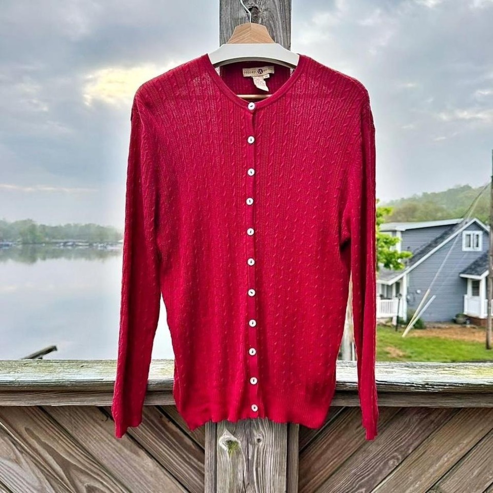 Vintage Silk‎ Red Cardigan Women's Plus Size 3X Concept Woman Preppy Crew Neck